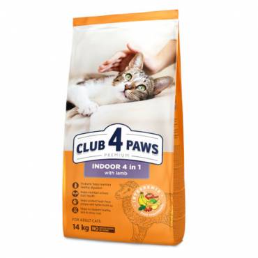 CLUB 4 PAWS Преміум для котів, що живуть в приміщенні "4 в 1". Повнораціонний сухий корм для дорослих котів з ягням, 14 кг