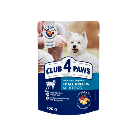 CLUB 4 PAWS ПРЕМІУМ "З ЯГНЯМ В СОУСІ". ПОВНОРАЦІОННИЙ КОНСЕРВОВАНИЙ КОРМ ДЛЯ ДОРОСЛИХ СОБАК МАЛИХ ПОРІД.