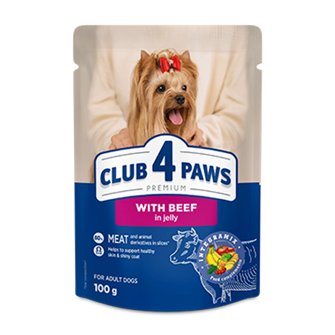 CLUB 4 PAWS Premium "With beef in jelly". Complete canned pet food for adult dogs