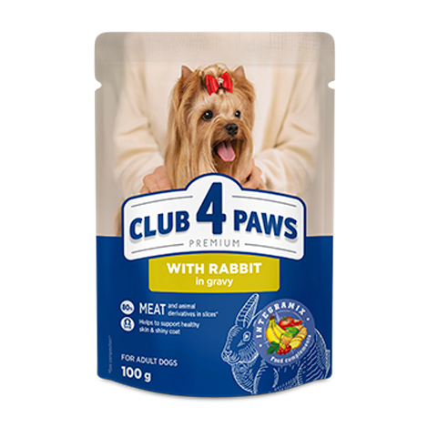 CLUB 4 PAWS Premium "With rabbit in gravy". Complete canned pet food for adult dogs of miniature and small breeds