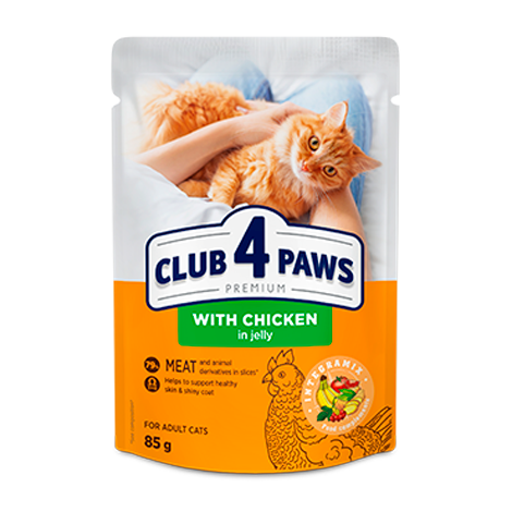 CLUB 4 PAWS ПРЕМІУМ "З КУРКОЮ В ЖЕЛЕ". ПОВНОРАЦІОННИЙКОНСЕРВОВАНИЙ КОРМ ДЛЯ ДОРОСЛИХ КОТІВ