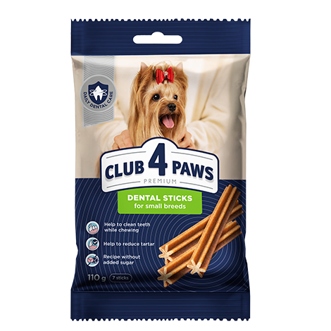 CLUB 4 PAWS Premium dental sticks. Complementary pet food for adult dogs of small breeds