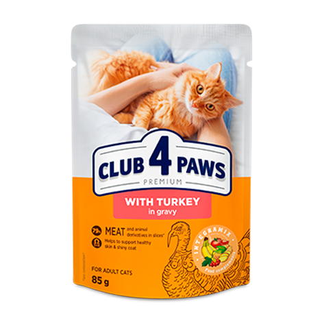CLUB 4 PAWS Premium "With turkey in gravy". Сomplete canned pet food for adult cats