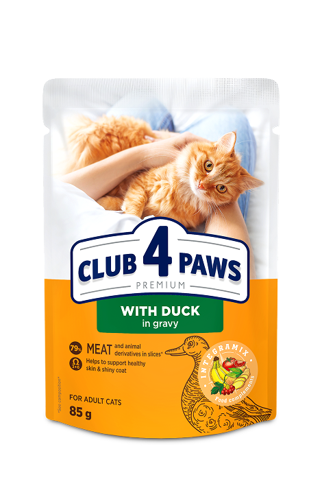 CLUB 4 PAWS ПРЕМІУМ "З КАЧКОЮ В СОУСІ". ПОВНОРАЦІОННИЙ КОНСЕРВОВАНИЙ КОРМ ДЛЯ ДОРОСЛИХ КОТІВ.