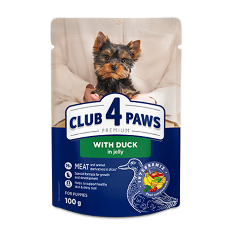 CLUB 4 PAWS Premium “With duck in jelly”. Complete canned pet food for puppies of miniature and small breeds