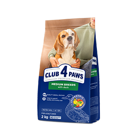 CLUB 4 PAWS ПРЕМІУМ ДЛЯ СЕРЕДНІХ ПОРІД «З КАЧКОЮ». ПОВНОРАЦІОННИЙ СУХИЙ КОРМ ДЛЯ СОБАК