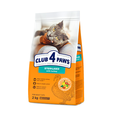CLUB 4 PAWS ПРЕМІУМ "З ІНДИЧКОЮ". ПОВНОРАЦІОННИЙ СУХИЙ КОРМ ДЛЯ ДОРОСЛИХ СТЕРИЛІЗОВАНИХ КОТІВ.