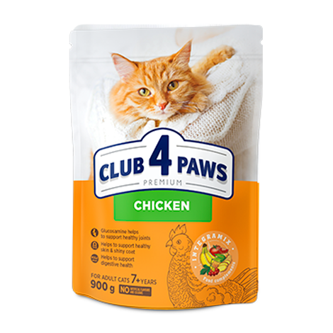 CLUB 4 PAWS Premium «With chicken». Сomplete dry pet food for adult cats from 7 years old