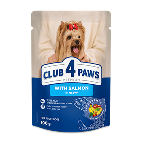 CLUB 4 PAWS Premium "With salmon in gravy". Complete canned pet food for adult dogs of miniature and small breeds
