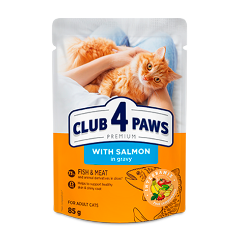 CLUB 4 PAWS Premium "With salmon in gravy". Сomplete canned pet food for adult cats