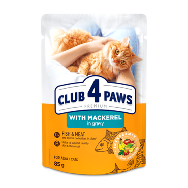 CLUB 4 PAWS Преміум "З макреллю в соусі". Повнораціонний консервований корм для дорослих котів