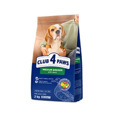 CLUB 4 PAWS ПРЕМІУМ ДЛЯ СЕРЕДНІХ ПОРІД «З КАЧКОЮ». ПОВНОРАЦІОННИЙ СУХИЙ КОРМ ДЛЯ СОБАК
