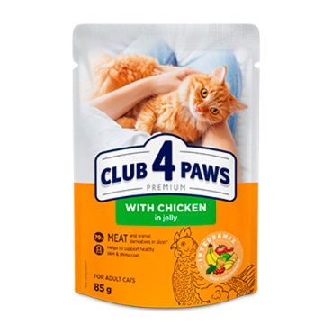 CLUB 4 PAWS ПРЕМІУМ "З КУРКОЮ В ЖЕЛЕ". ПОВНОРАЦІОННИЙКОНСЕРВОВАНИЙ КОРМ ДЛЯ ДОРОСЛИХ КОТІВ