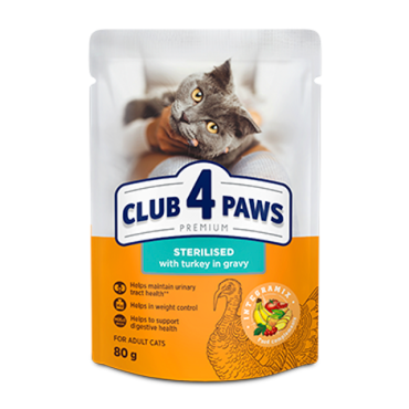 CLUB 4 PAWS Premium "With turkey in gravy". Сomplete canned pet food for adult sterilised cats,