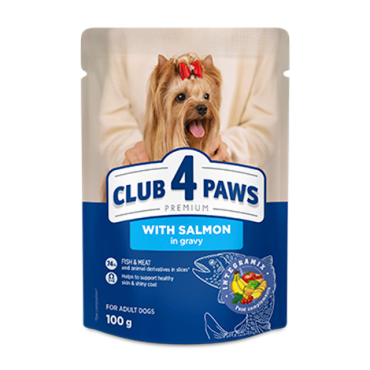 CLUB 4 PAWS Premium "With salmon in gravy". Complete canned pet food for adult dogs of miniature and small breeds