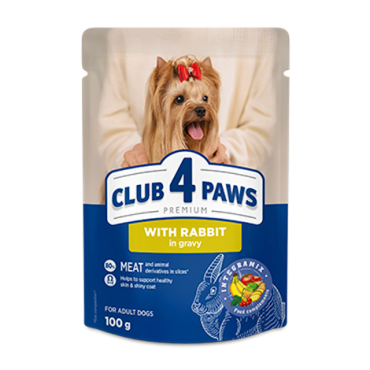 CLUB 4 PAWS Premium "With rabbit in gravy". Complete canned pet food for adult dogs of miniature and small breeds