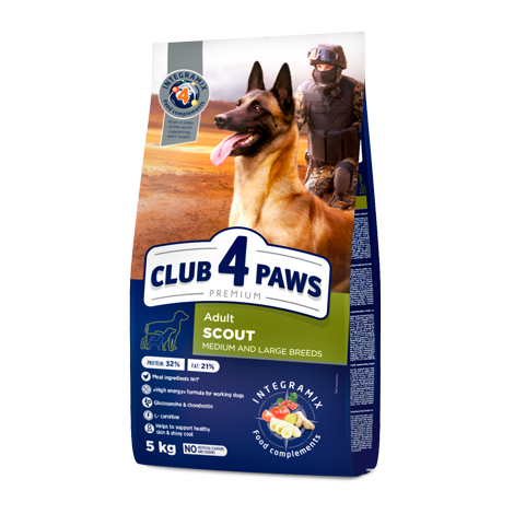 CLUB 4 PAWS Premium «Scout». Сomplete dry pet food for adult working dogs medium and large breeds