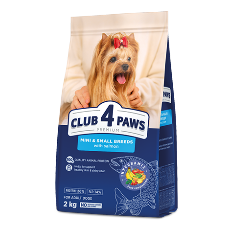 CLUB 4 PAWS PREMIUM FOR MINIATURE AND SMALL BREEDS “WITH SALMON”. СOMPLETE DRY PET FOOD FOR ADULT DOGS.