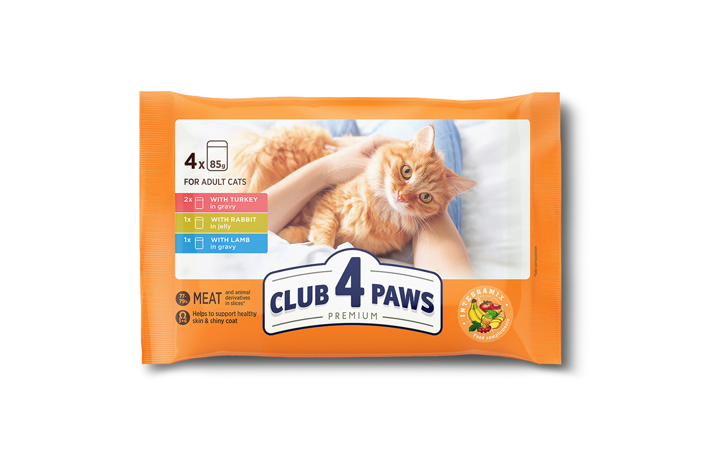 Set CLUB 4 PAWS Premium. Complete canned pet food for adults cats "With turkey in gravy", "With rabbit in jelly", "With lamb in gravy" (4 x 0,085), 0,34 kg