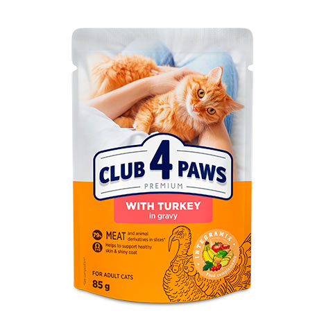CLUB 4 PAWS Premium "With turkey in gravy". Сomplete canned pet food for adult cats
