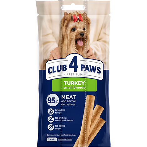 CLUB 4 PAWS Premium Meaty stick: Turkey. Complementary pet food for adult dogs of small breeds (3 х 0,012 kg), 0,036 kg