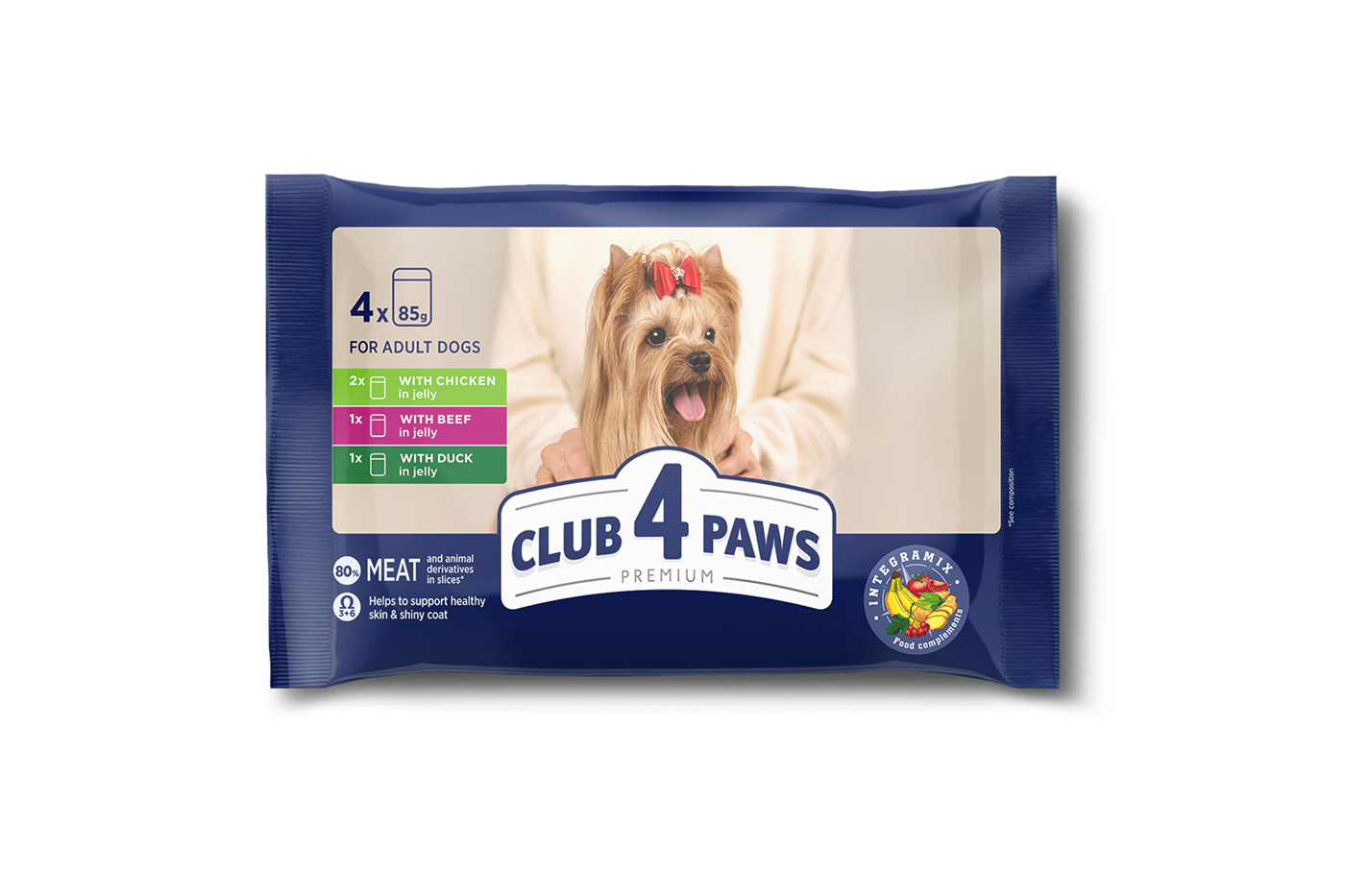 Set CLUB 4 PAWS Premium. Complete canned pet food for adult dogs "With chicken in jelly" , "With beef in jelly", "With duck in jelly" (4 х 0,085), 0,34 kg