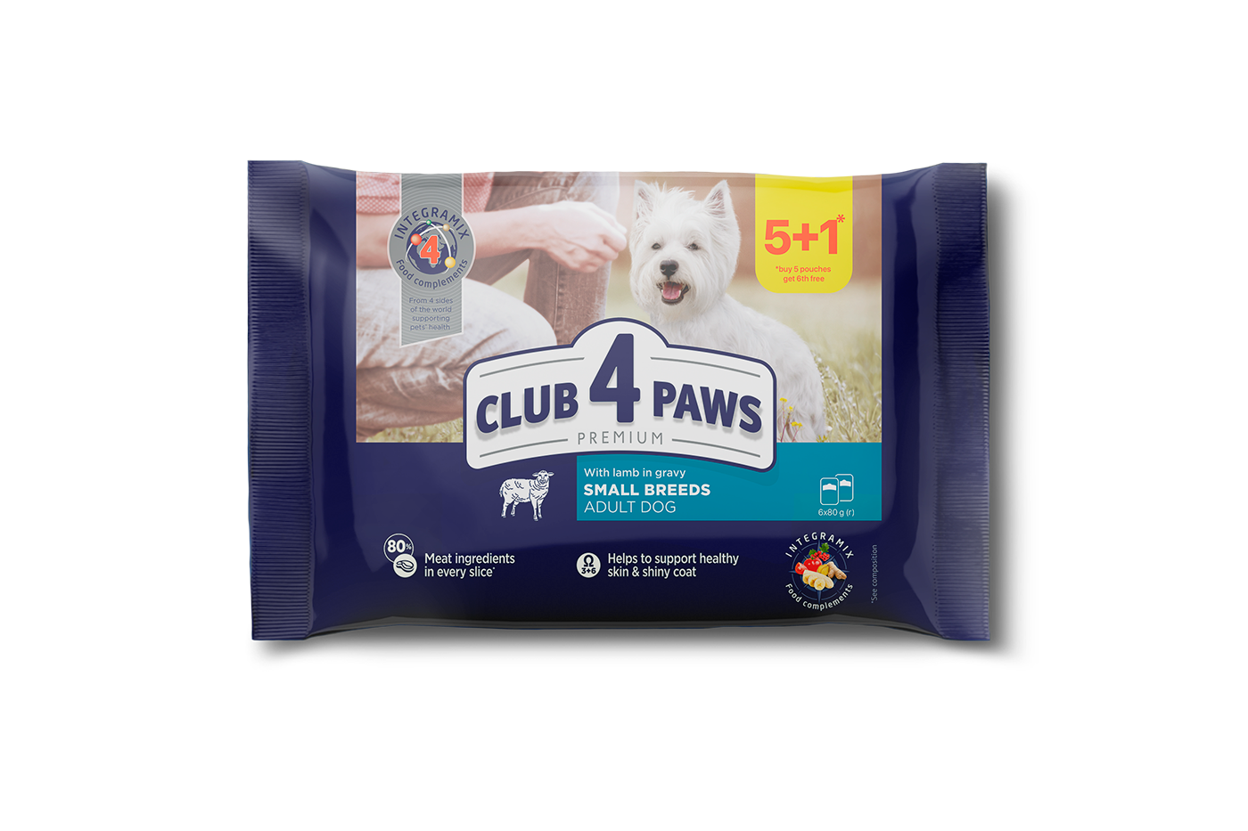 Set CLUB 4 PAWS Premium "With lamb in gravy". Complete canned pet food for adult dogs of small breeds (0,08 х 6), 0,48 kg