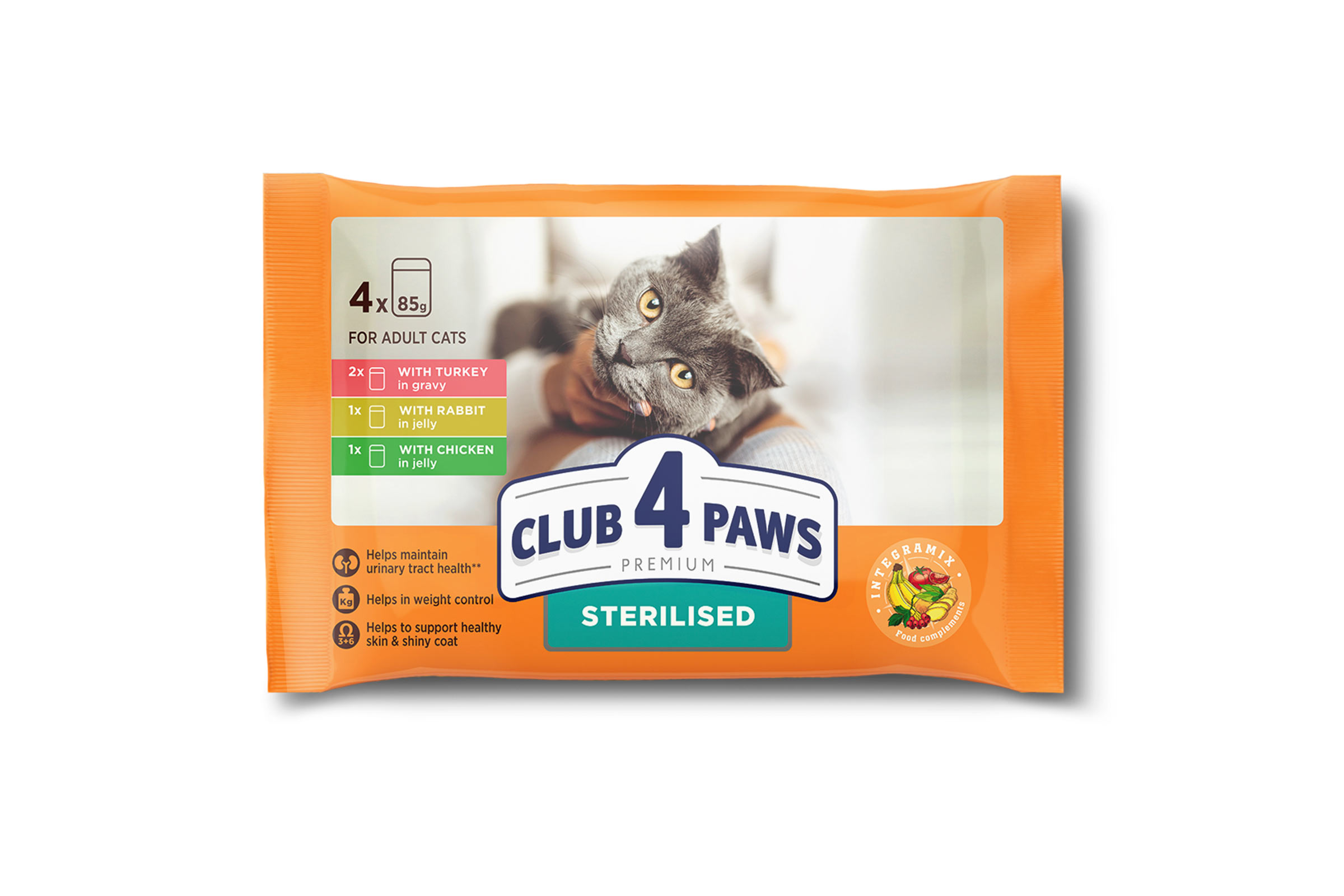 Set CLUB 4 PAWS Premium. Сomplete canned pet food for sterilised cats "With turkey in gravy"х2, "With rabbit in jelly"х1, "Sterilised" with chicken х1(4 x 0,085), 0,34 kg
