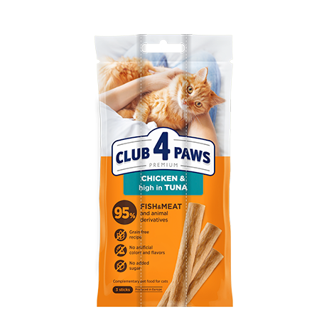 CLUB 4 PAWS Premium Meaty stick: Chicken. High in tuna. Complementary pet food for cats (3 x 0,005 kg), 0,015 kg