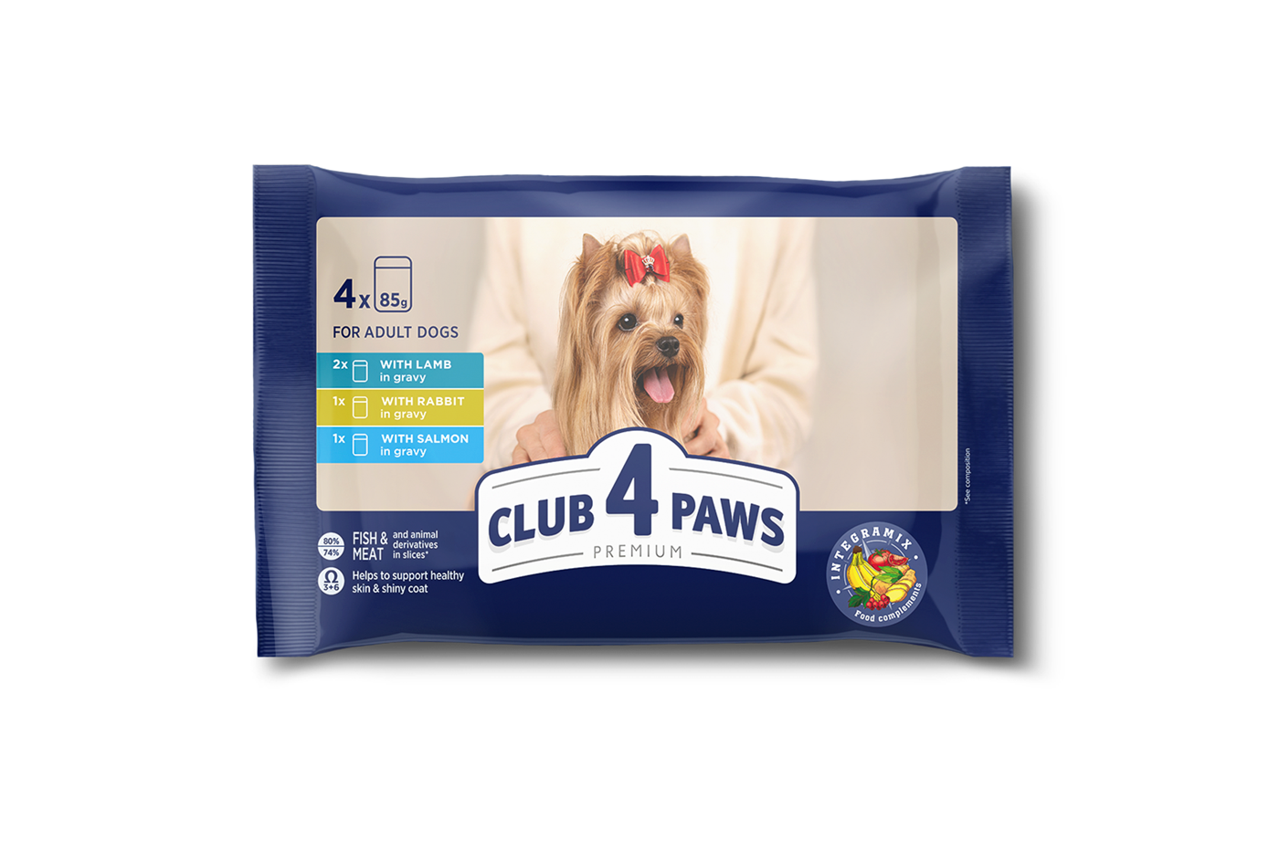 Set CLUB 4 PAWS Premium. Complete canned pet food for adult dogs "With lamb in gravy", "With rabbit in gravy", "With salmon in gravy", (4 х 0,085), 0,34 kg
