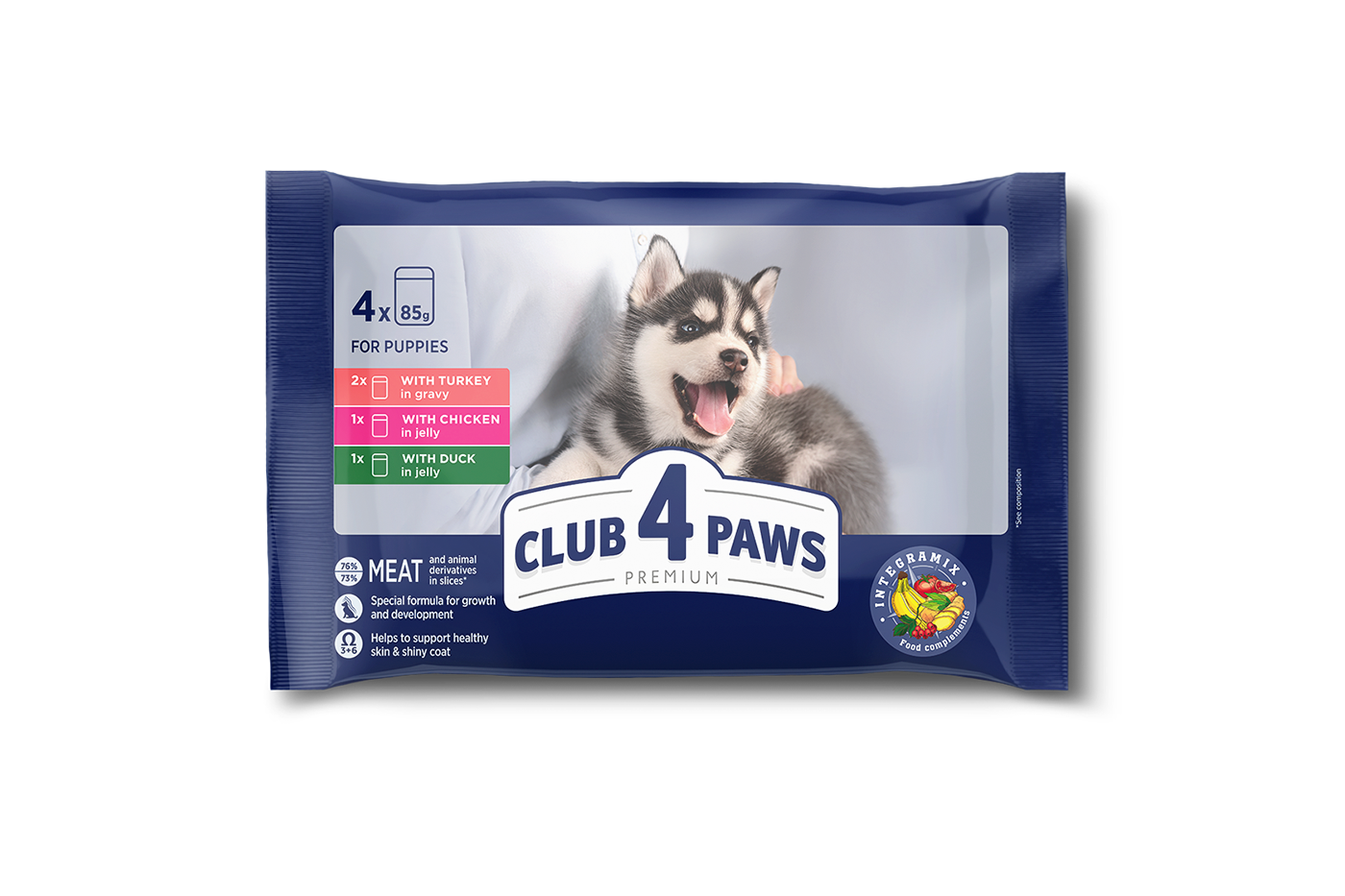 Set CLUB 4 PAWS Premium. Complete canned pet food for puppies "With turkey in gravy", "With chicken in jelly", "With duck in jelly" (4 х 0,085), 0,34 kg