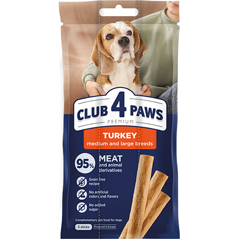 CLUB 4 PAWS Premium Meaty stick: Turkey. Complementary pet food for adult dogs of medium and large breeds (3 х 0,02 kg), 0,06 kg