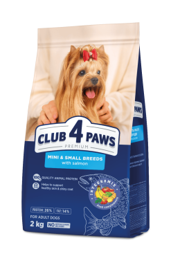 CLUB 4 PAWS PREMIUM FOR MINIATURE AND SMALL BREEDS “WITH SALMON”. СOMPLETE DRY PET FOOD FOR ADULT DOGS.