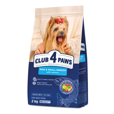 CLUB 4 PAWS PREMIUM FOR MINIATURE AND SMALL BREEDS “WITH SALMON”. СOMPLETE DRY PET FOOD FOR ADULT DOGS.