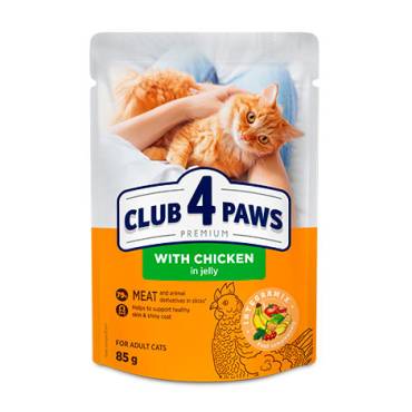 CLUB 4 PAWS Premium "With chicken in jelly". Complete canned pet food for adult cats