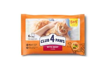 Set CLUB 4 PAWS Premium "With beef in jelly". Сomplete canned pet food for adult cats (0,08 х 6), 0,48 kg