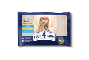 Set CLUB 4 PAWS Premium. Complete canned pet food for adult dogs "With lamb in gravy", "With rabbit in gravy", "With salmon in gravy", (4 х 0,085), 0,34 kg