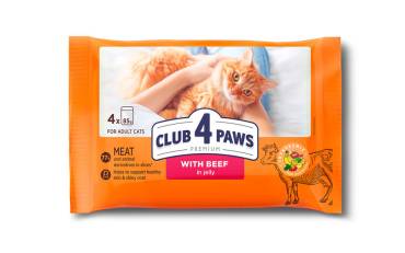 Set CLUB 4 PAWS Premium "With beef in jelly". Сomplete canned pet food for adult cats (4 х 0,085), 0,34 kg