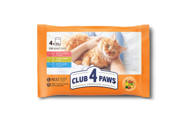 Set CLUB 4 PAWS Premium. Complete canned pet food for adults cats "With turkey in gravy", "With rabbit in jelly", "With lamb in gravy" (4 x 0,085), 0,34 kg