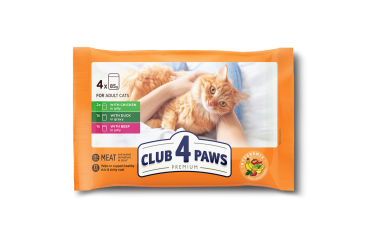 Set CLUB 4 PAWS Premium. Complete canned pet food for adult cats "With chicken in jelly", "With duck in gravy", "With beef in jelly" (4 x 0,085), 0,34 kg
