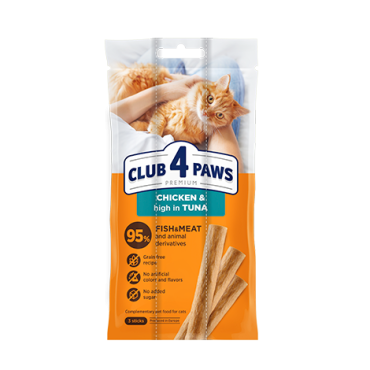 CLUB 4 PAWS Premium Meaty stick: Chicken. High in tuna. Complementary pet food for cats (3 x 0,005 kg), 0,015 kg