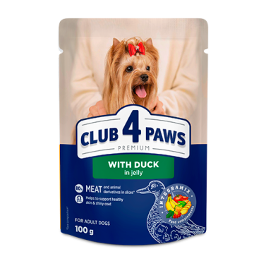 CLUB 4 PAWS Premium "With duck in jelly". Complete canned pet food for adult dogs of miniature and small breeds