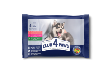 Set CLUB 4 PAWS Premium. Complete canned pet food for puppies "With turkey in gravy", "With chicken in jelly", "With duck in jelly" (4 х 0,085), 0,34 kg