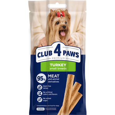 CLUB 4 PAWS Premium Meaty stick: Turkey. Complementary pet food for adult dogs of small breeds (3 х 0,012 kg), 0,036 kg