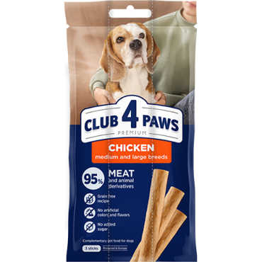 CLUB 4 PAWS Premium Meaty stick: Chicken. Complementary pet food for adult dogs of medium and large breeds (3 х 0,02 kg), 0,06 kg
