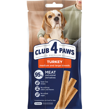 CLUB 4 PAWS Premium Meaty stick: Turkey. Complementary pet food for adult dogs of medium and large breeds (3 х 0,02 kg), 0,06 kg