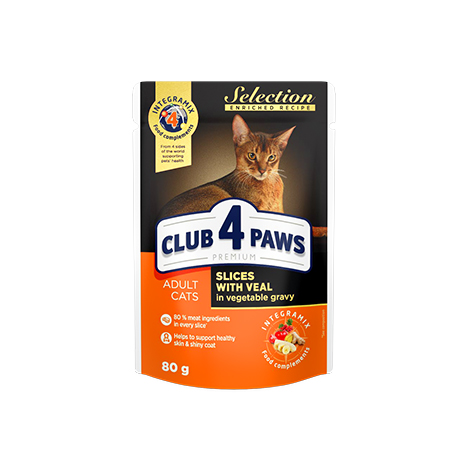 CLUB 4 PAWS Преміум Селекшн "Шматочки з телятиною в овочевому соусі". Повнораціонний консервований корм для дорослих котів