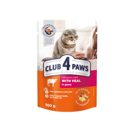 CLUB 4 PAWS Преміум "З телятиною в соусі". Повнораціонний консервований корм для дорослих котів