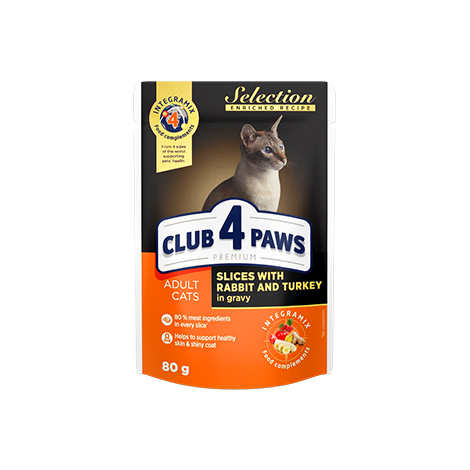 CLUB 4 PAWS Преміум Селекшн "Шматочки з кроликом та індичкою в соусі". Повнораціонний консервований корм для дорослих котів