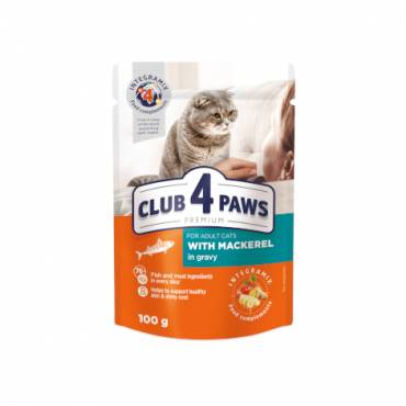 CLUB 4 PAWS Преміум "З макреллю в соусі". Повнораціонний консервований корм для дорослих котів